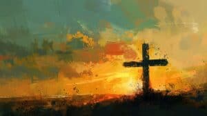 New Day Cross Silhouetted by Vibrant Sunrise Christian Theme Beige Background